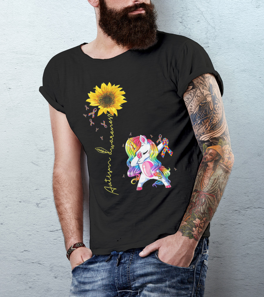 Autism Awareness Unicorn With Rainbow Ribbon Sunflower T-Shirt