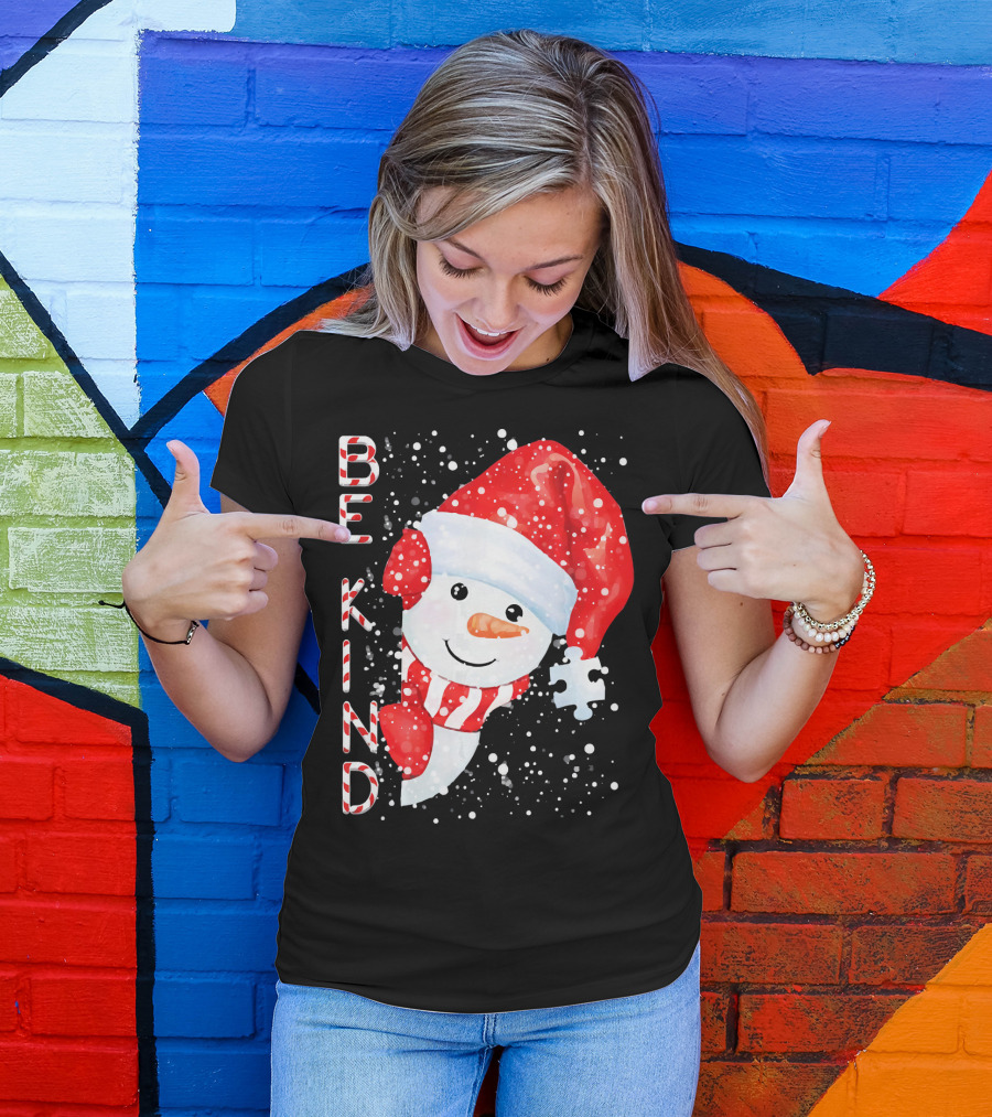 Be Kind Snowman Santa Hat Autism Puzzle Piece Holiday T-Shirt