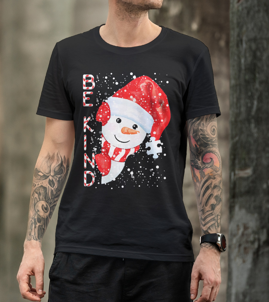Be Kind Snowman Santa Hat Autism Puzzle Piece Holiday T-Shirt