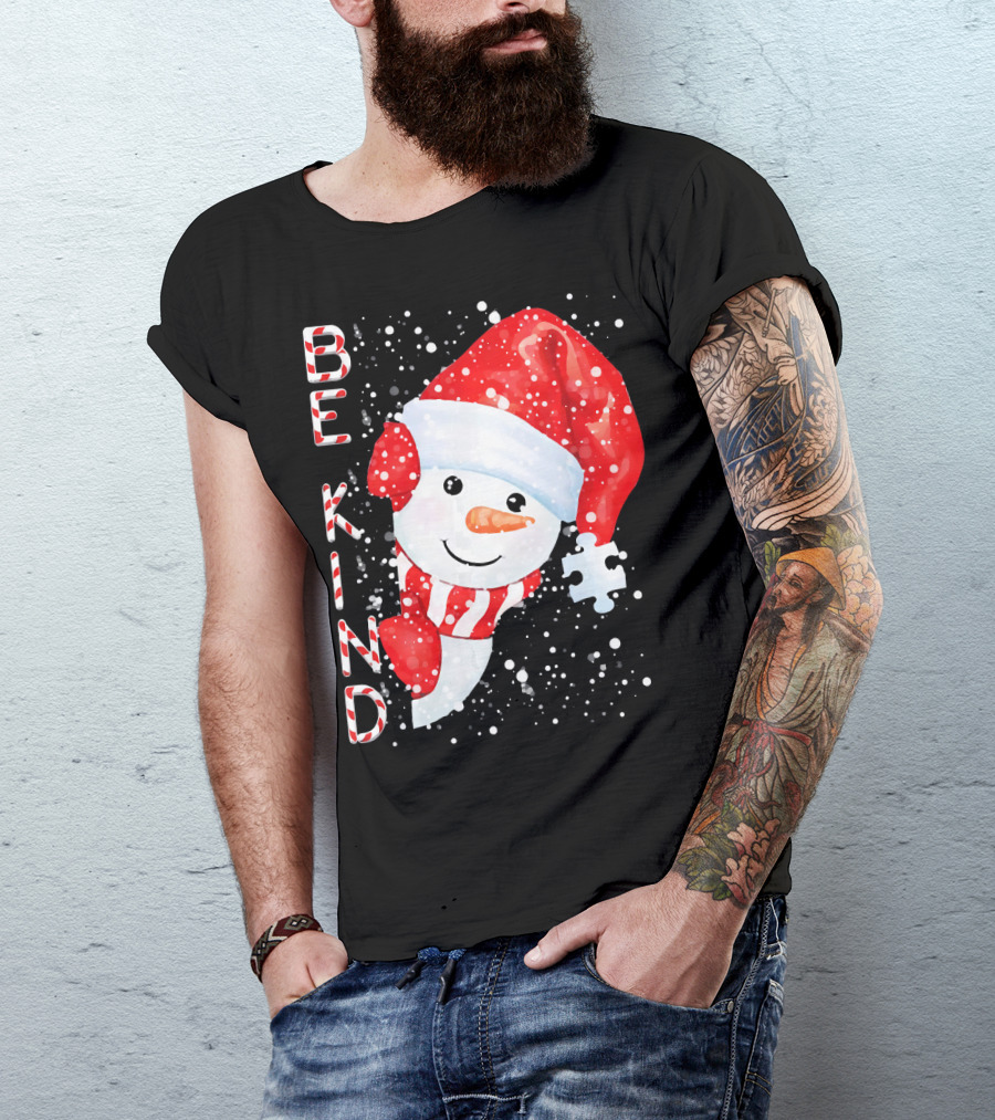 Be Kind Snowman Santa Hat Autism Puzzle Piece Holiday T-Shirt