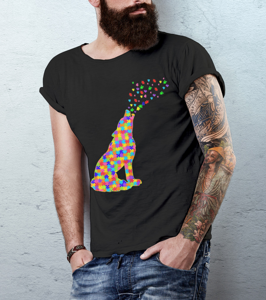 Wolf Puzzle Autism Awareness Puzzle Pieces T-Shirt