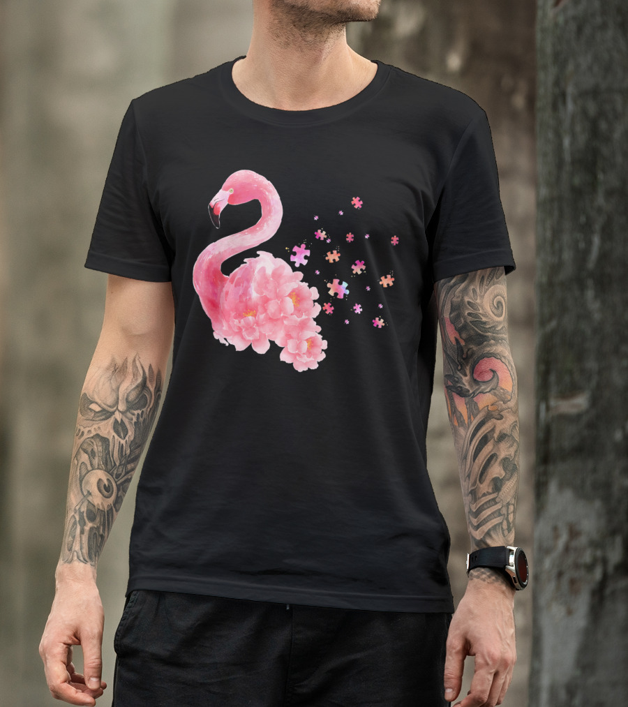 Flamingo Puzzle Autism Awareness Floral Elements T-Shirt