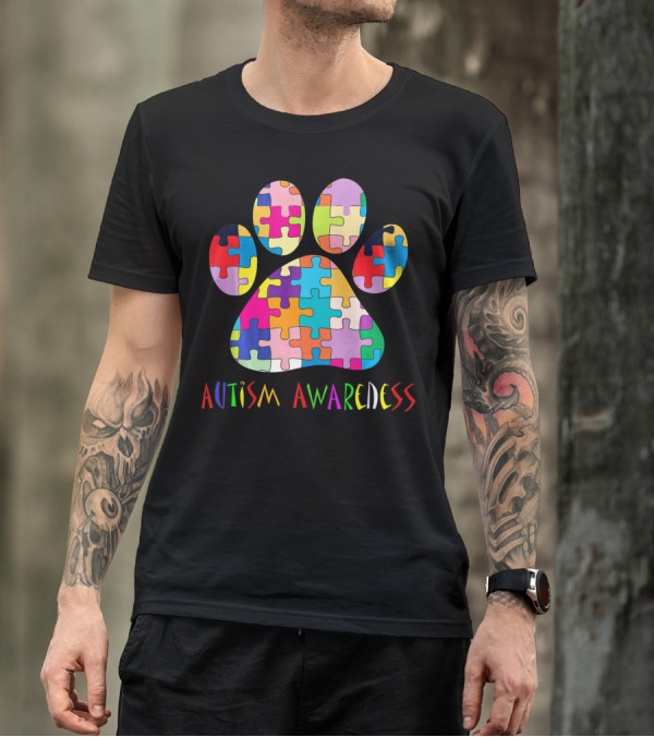 Autism Awareness Colorful Puzzle Dog Paw T-Shirt