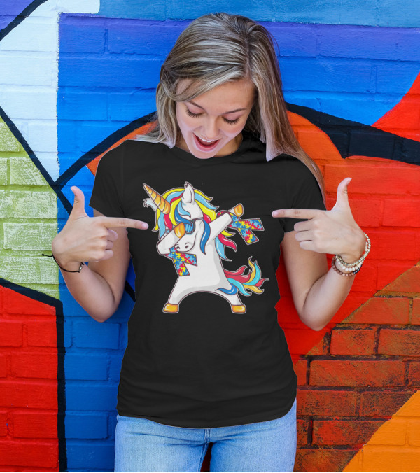 Autism Awareness Unicorn With Colorful Puzzle Dabbing Pose T-Shirt