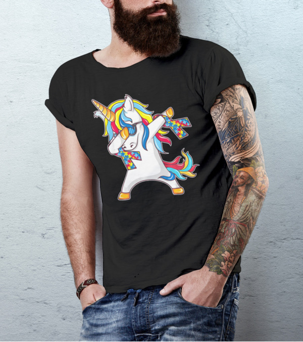 Autism Awareness Unicorn With Colorful Puzzle Dabbing Pose T-Shirt