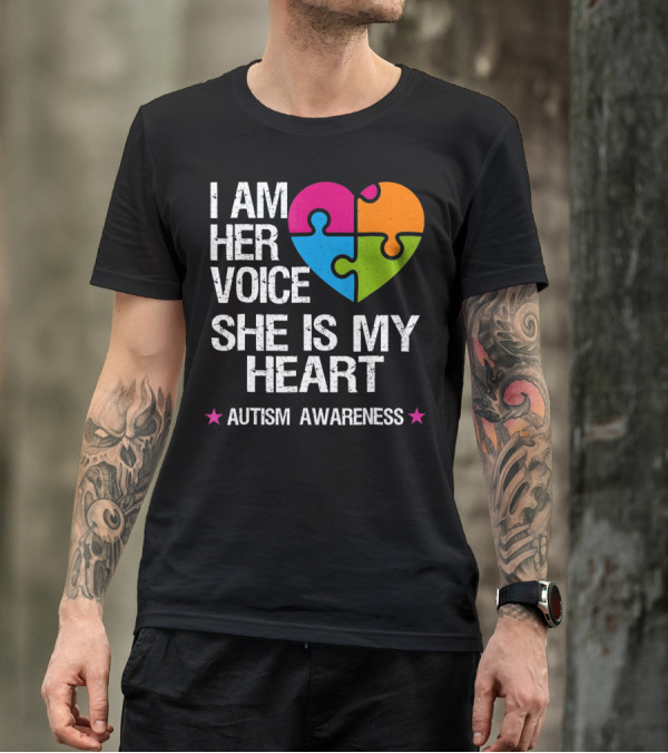 I Am Her Voice She Is My Heart Autism Awareness Puzzle Heart T-Shirt