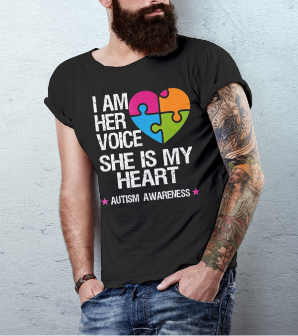 I Am Her Voice She Is My Heart Autism Awareness Puzzle Heart T-Shirt