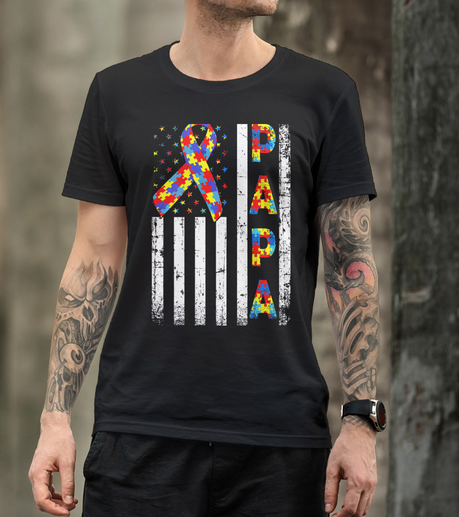 Papa Autism Awareness Puzzle Ribbon USA Flag T-Shirt