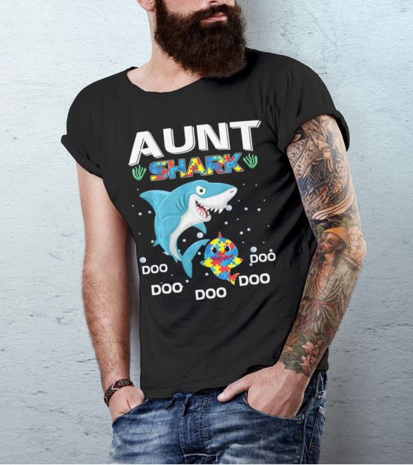 Aunt Shark Doo Doo Autism Awareness Puzzle Piece T-Shirt