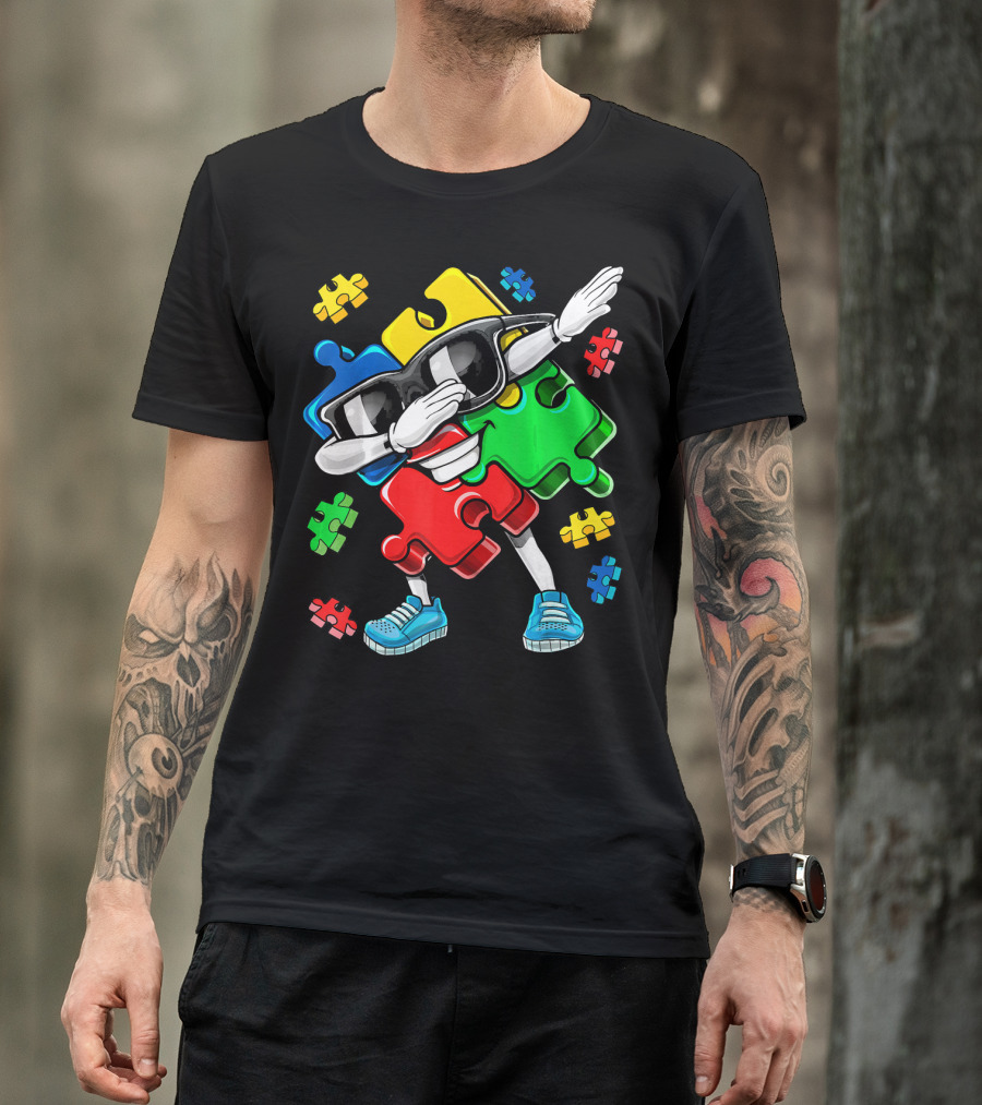 Autism Awareness Cool Dabbing Puzzle Piece Character T-Shirt