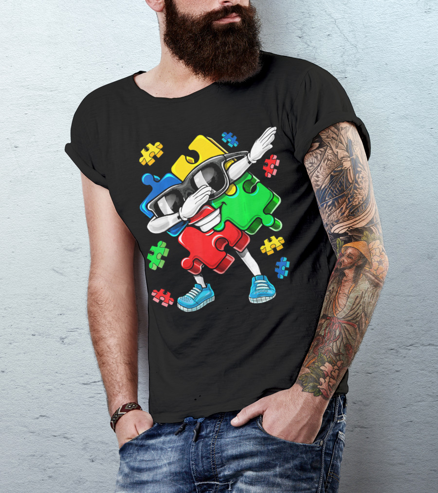 Autism Awareness Cool Dabbing Puzzle Piece Character T-Shirt