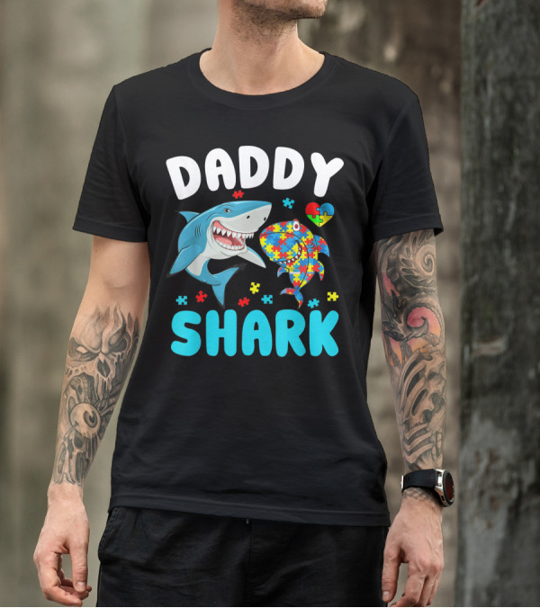 Daddy Shark Autism Awareness Puzzle Heart T-Shirt