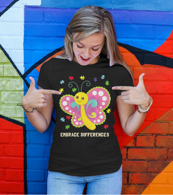 Embrace Differences Autism Awareness Boy Girl Butterfly Puzzle Pieces T-Shirt