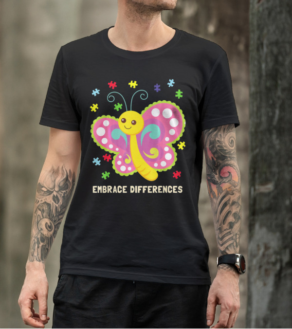 Embrace Differences Autism Awareness Boy Girl Butterfly Puzzle Pieces T-Shirt