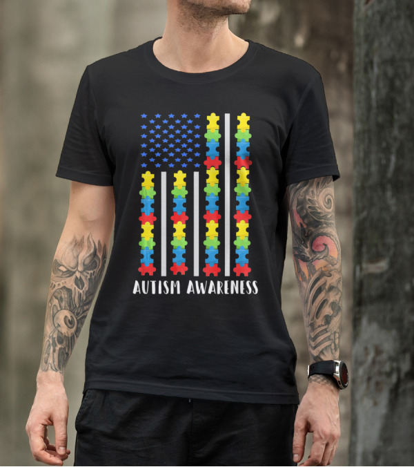 Autism Awareness Puzzle Piece USA Flag T-Shirt