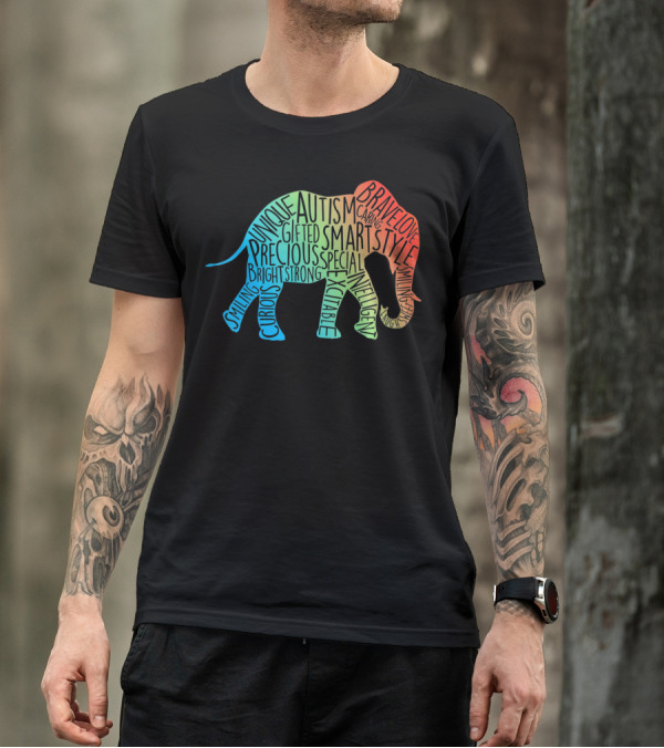 Autism Awareness Elephant Collage Brave Unique Precious Bright Smart Strong T-Shirt