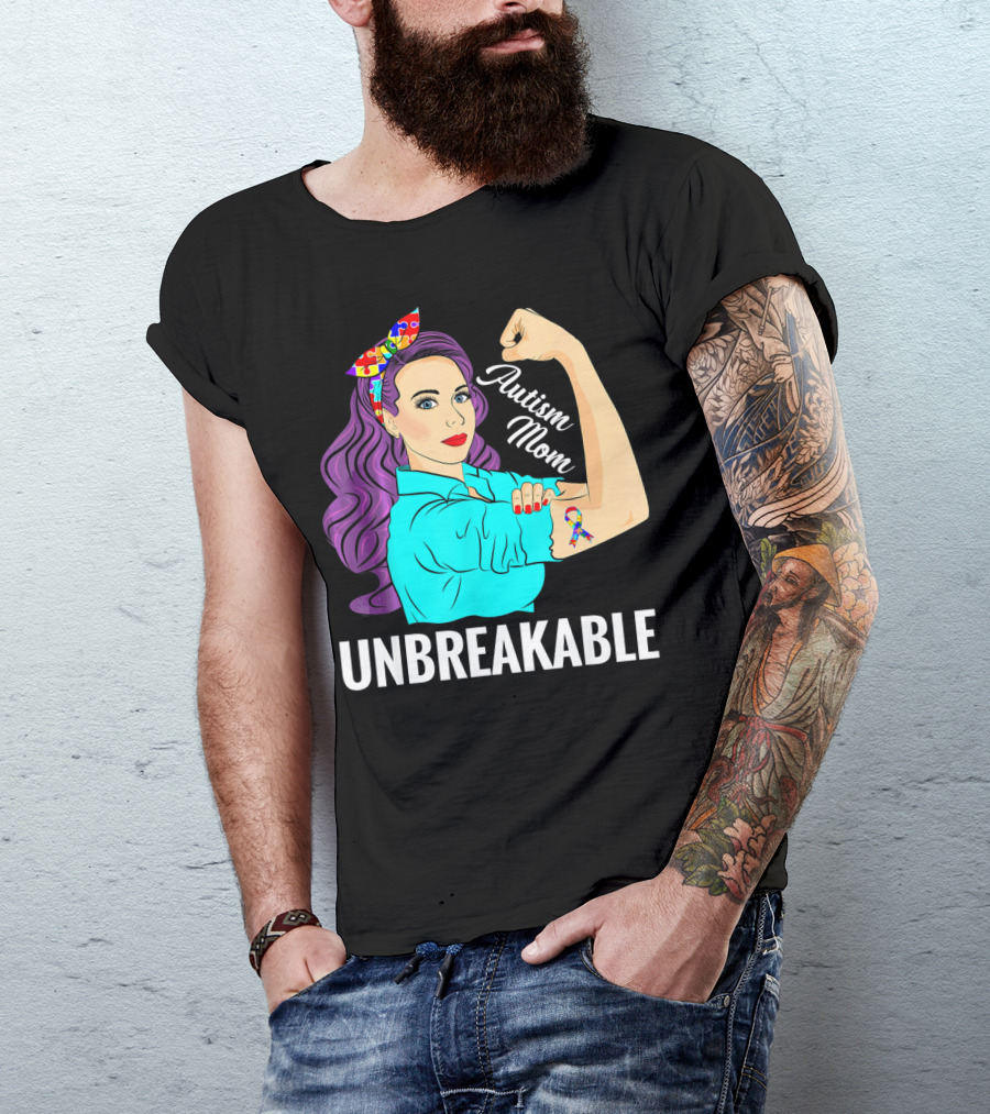 Autism Mom Unbreakable Awareness Rosie The Riveter With Puzzle T-Shirt