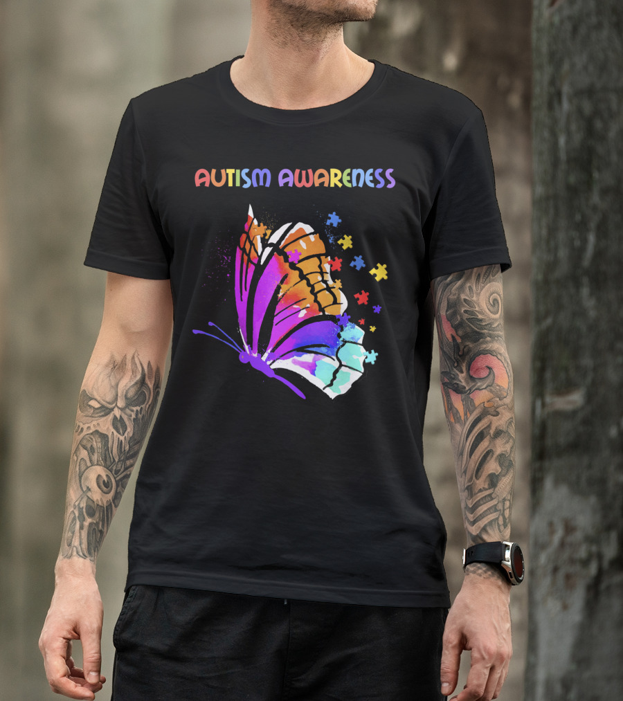 Autism Awareness Colorful Butterfly With Puzzle Pieces T-Shirt