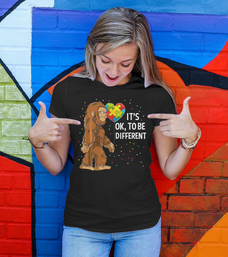 Autism Awareness Bigfoot Heart Puzzle It's OK To Be Different T-Shirt