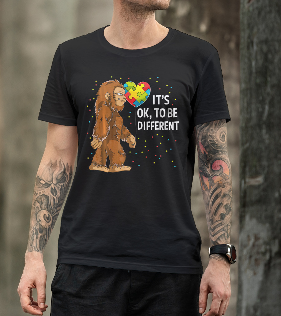 Autism Awareness Bigfoot Heart Puzzle It's OK To Be Different T-Shirt