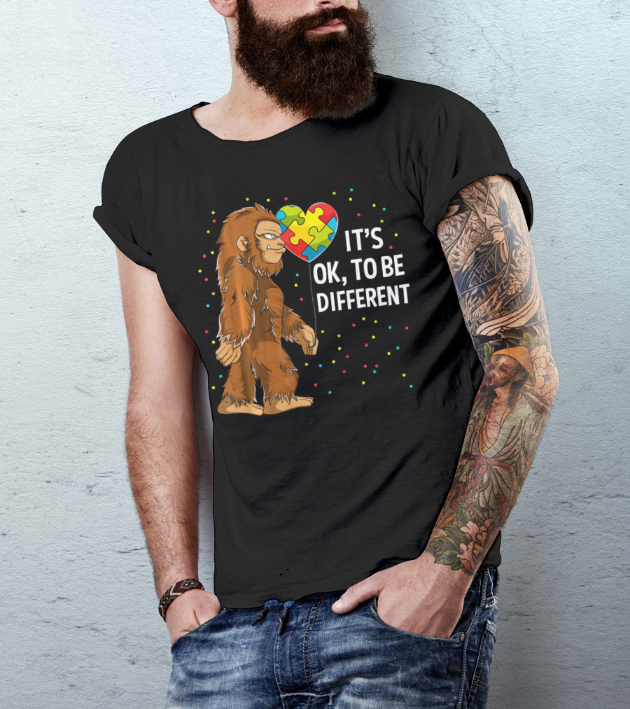 Autism Awareness Bigfoot Heart Puzzle It's OK To Be Different T-Shirt