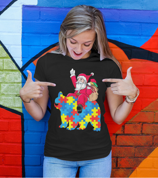 Santa Claus Riding Puzzle Piece Bear Autism Awareness T-Shirt