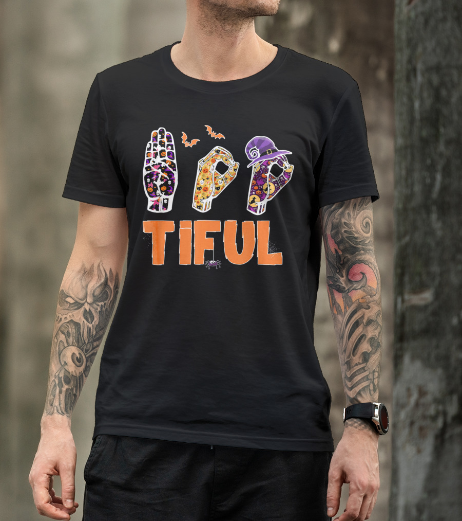 BOO Bootiful Halloween ASL Sign Language Autism With Spooky Hand Signs And Witch Hat T-Shirt