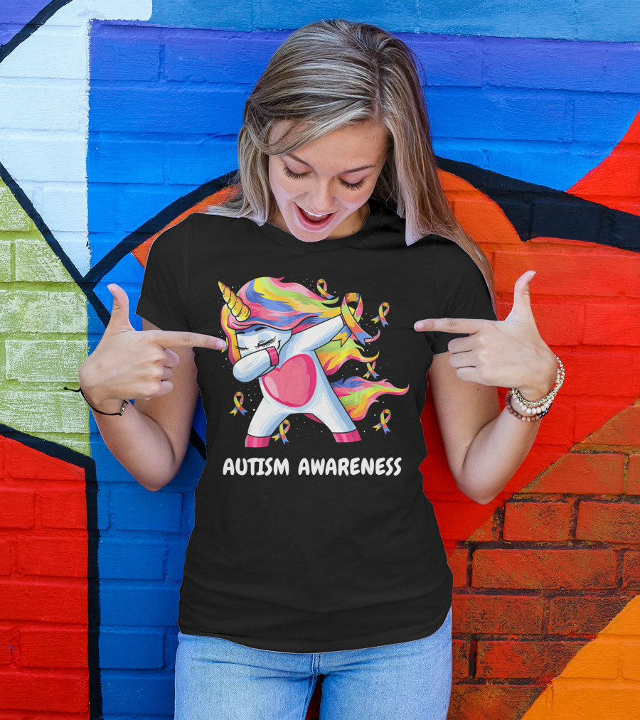 Autism Awareness Dabbing Rainbow Unicorn With Puzzle T-Shirt