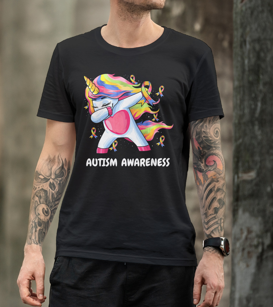 Autism Awareness Dabbing Rainbow Unicorn With Puzzle T-Shirt