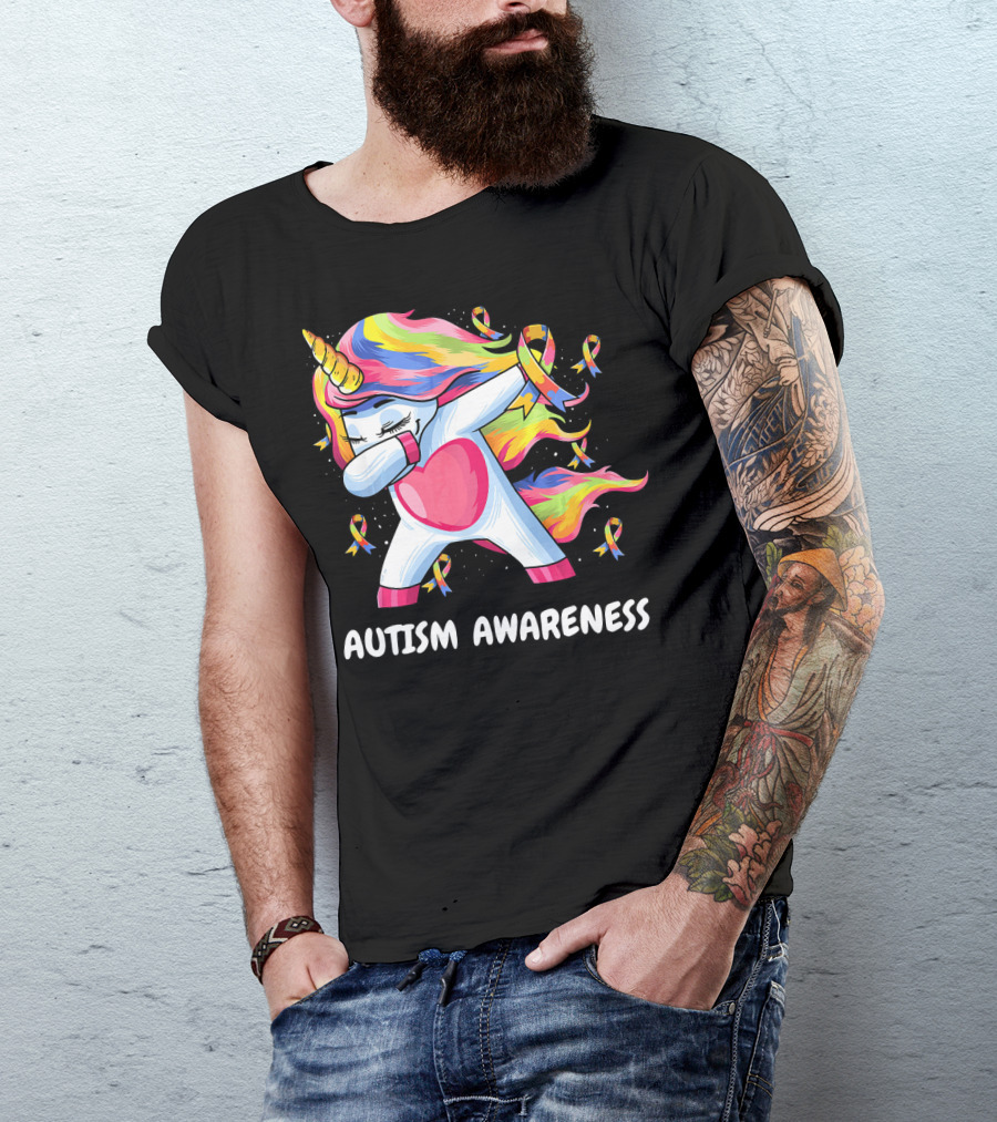 Autism Awareness Dabbing Rainbow Unicorn With Puzzle T-Shirt