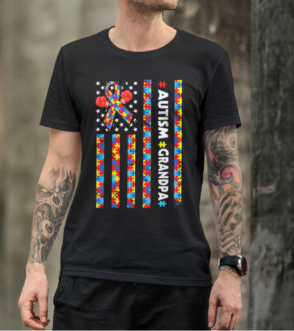 Autism Awareness Grandpa American Flag Puzzle Ribbon Boxing Gloves T-Shirt