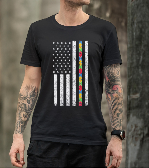Autism Awareness American Flag Puzzle Piece T-Shirt