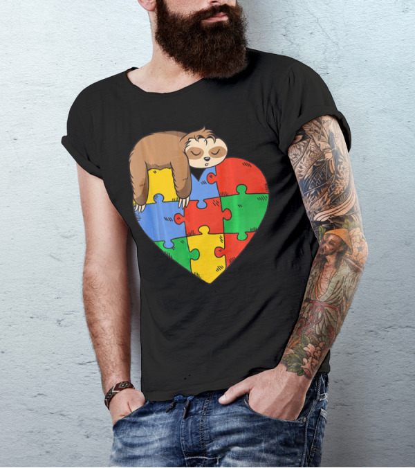Cute Sloth Heart Puzzle Autism Parents Autistic Child T-Shirt