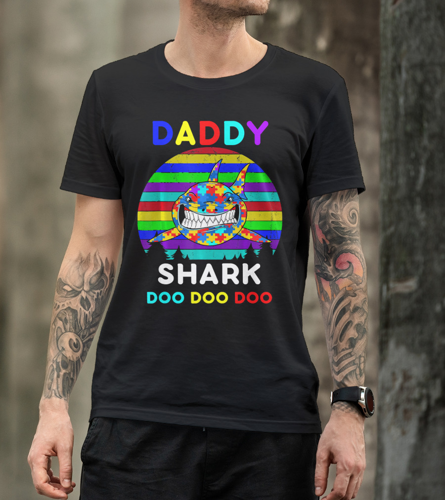Daddy Shark Doo Doo Autism Awareness Colorful Puzzle Stripes T-Shirt