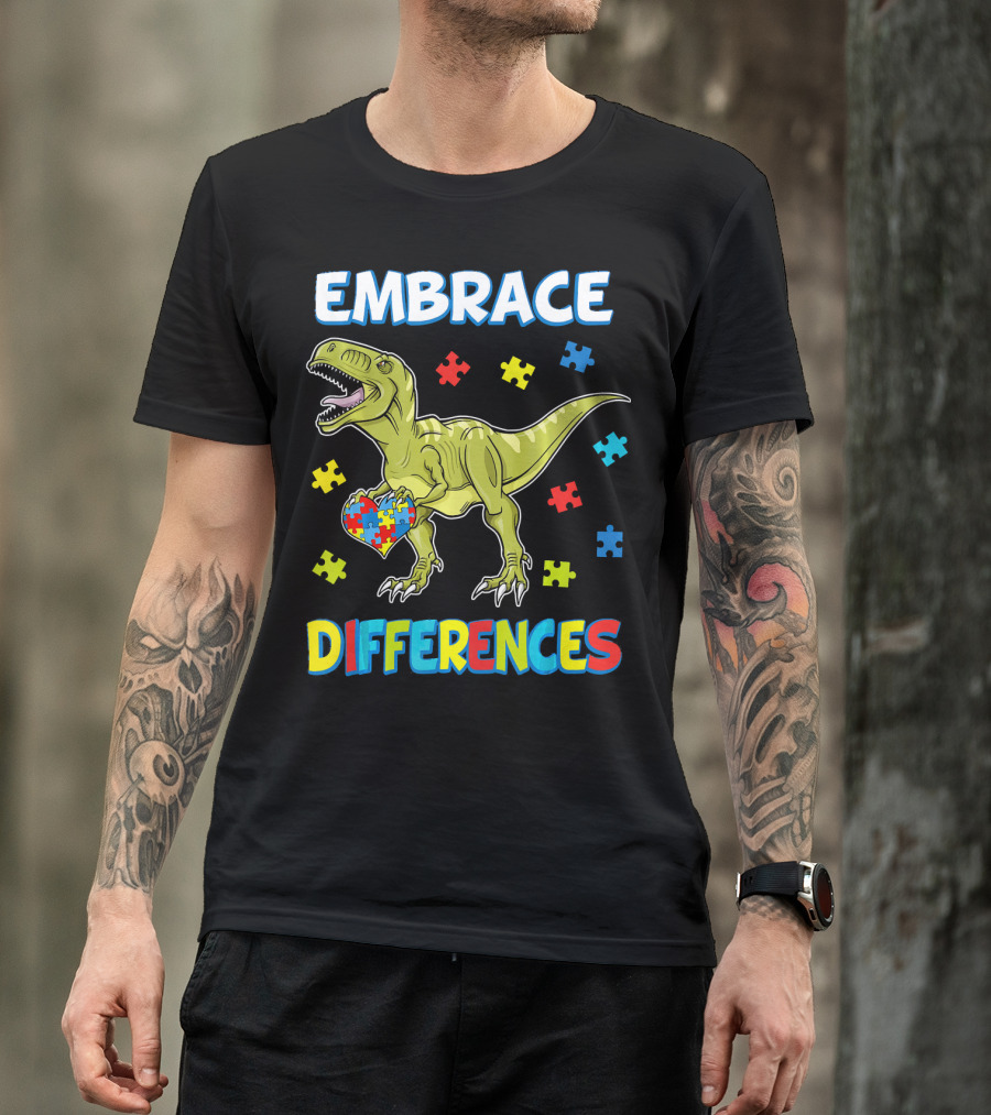 Embrace Differences Dinosaurus Trex Auti Puzzle Heart T-Shirt