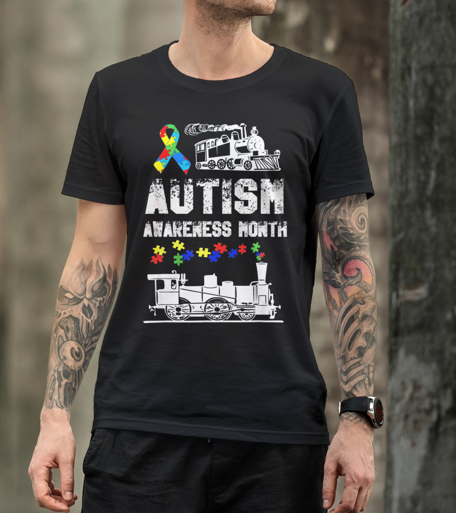 Autism Awareness Month Puzzle Ribbon Steam Train T-Shirt