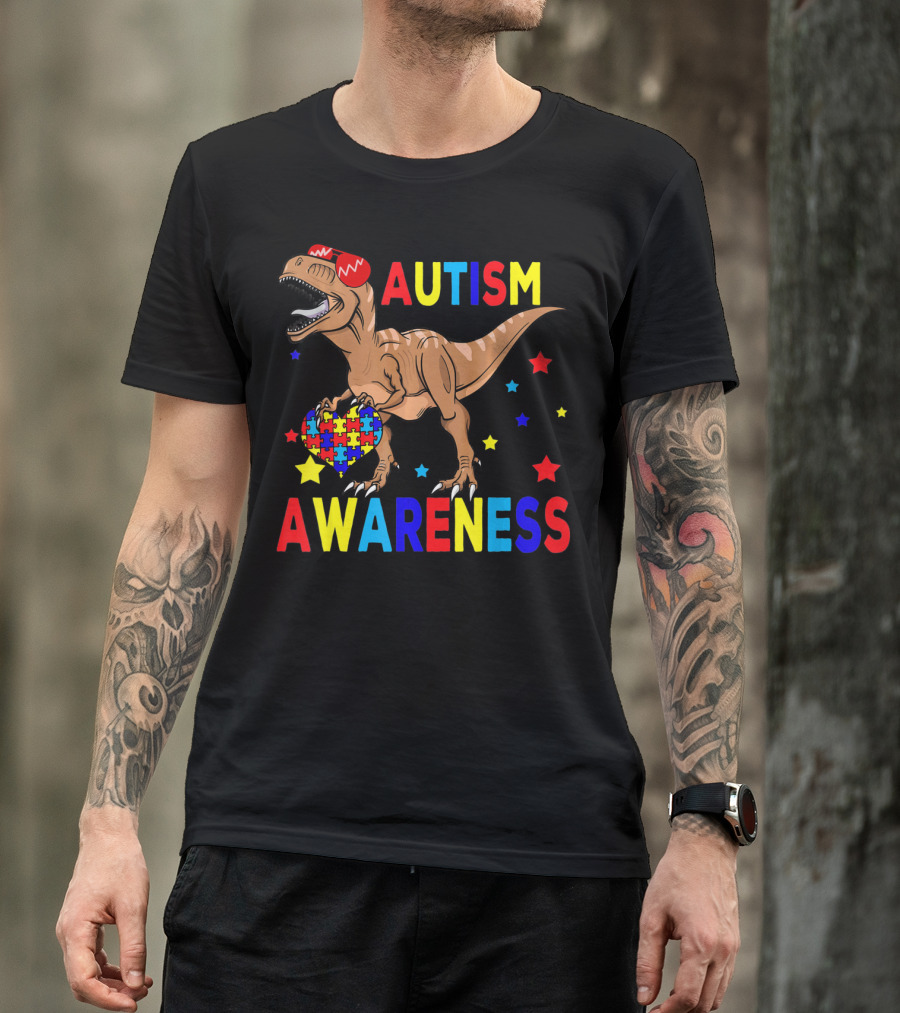 Cool Rex Dino Autism Awareness Puzzle Heart And Stars T-Shirt