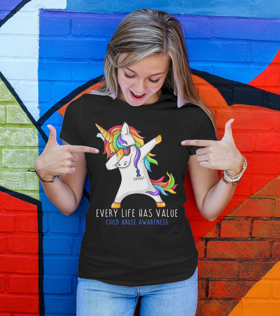 Every Life Has Value Child Abuse Awareness Support Unicorn Dabbing T-Shirt