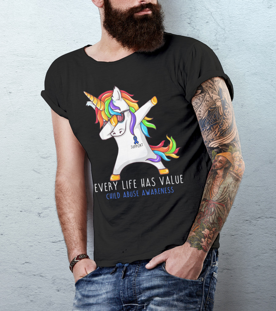 Every Life Has Value Child Abuse Awareness Support Unicorn Dabbing T-Shirt