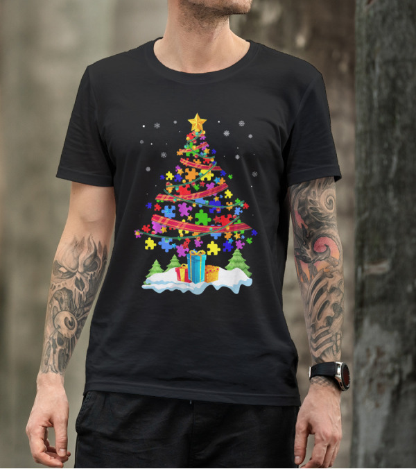 Autism Christmas Tree Puzzle Pieces And Gifts Festive T-Shirt