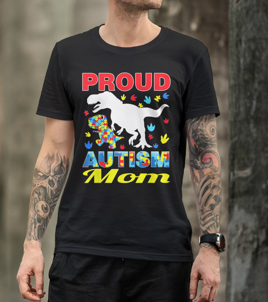 Proud Autism Mom Dinosaur Puzzle Piece T-Shirt