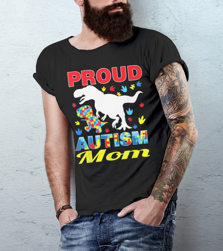 Proud Autism Mom Dinosaur Puzzle Piece T-Shirt
