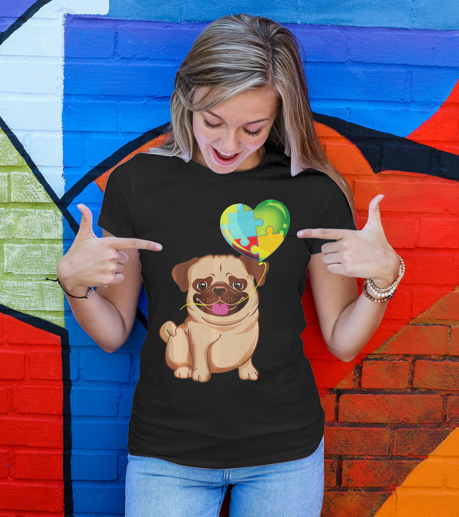Autism Awareness Pug Puppy Heart Puzzle Balloon T-Shirt