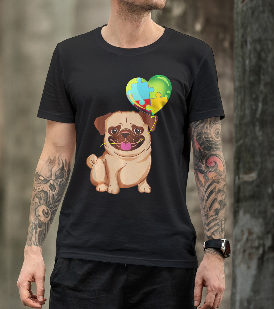 Autism Awareness Pug Puppy Heart Puzzle Balloon T-Shirt