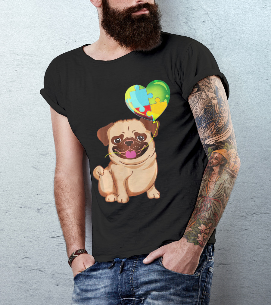 Autism Awareness Pug Puppy Heart Puzzle Balloon T-Shirt