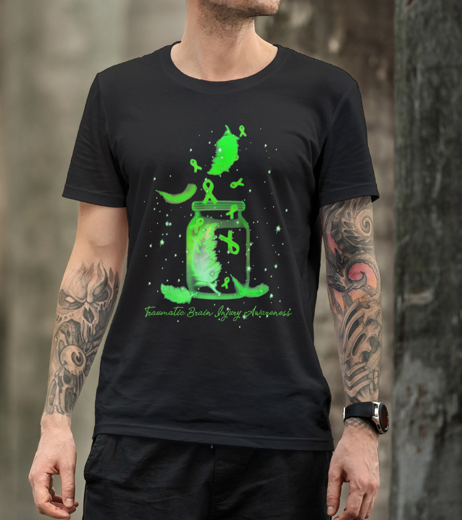 Traumatic Brain Injury Awareness Dream Jar With Green Ribbons And Feathers T-Shirt