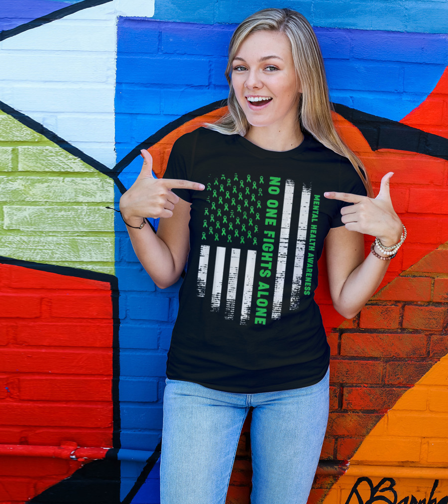 No One Fights Alone USA Flag Mental Health Awareness T-Shirt