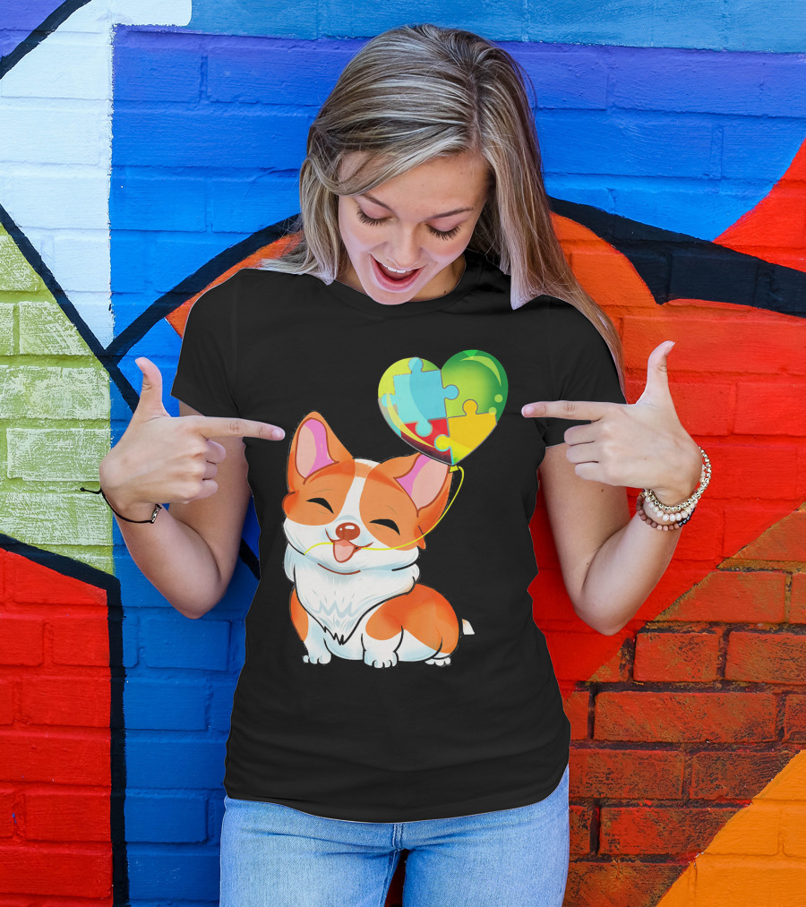 Autism Awareness Corgi Puppy With Heart Balloon Puzzle T-Shirt