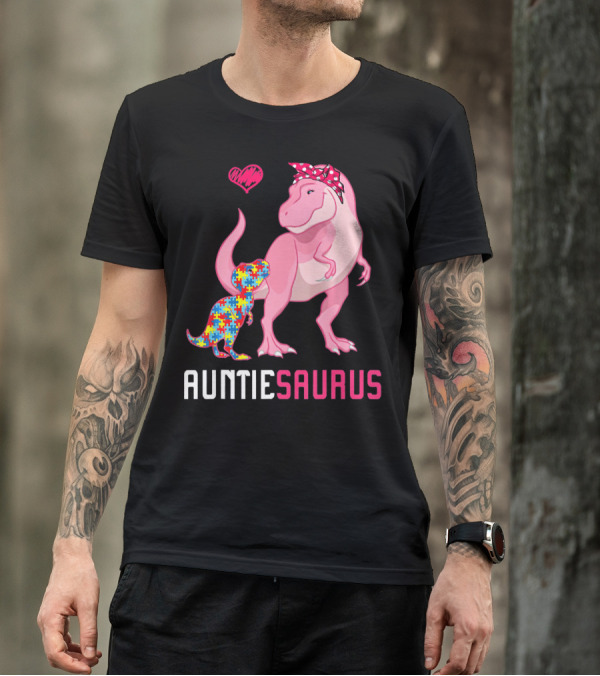 Auntiesaurus Dinosaur Puzzle Piece Heart Autism Awareness T-Shirt