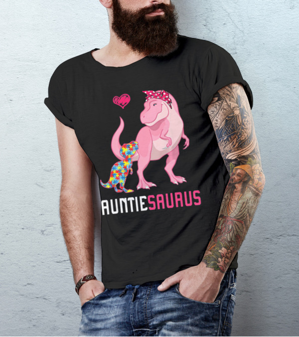 Auntiesaurus Dinosaur Puzzle Piece Heart Autism Awareness T-Shirt